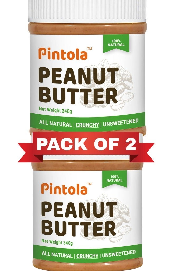 Pintola All Natural Unsweetened Crunchy Peanut Butter 340g (pack of 2), High in Protein, Gluten Free, Vegan, Cholesterol Free - Image 1